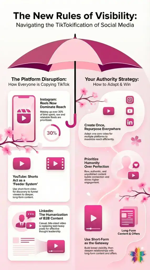 Infographic explaining the new rules of attention in social media marketing, showing how short-form video drives engagement, platform discovery, and brand authority across Instagram, YouTube, LinkedIn, and TikTok-style formats.