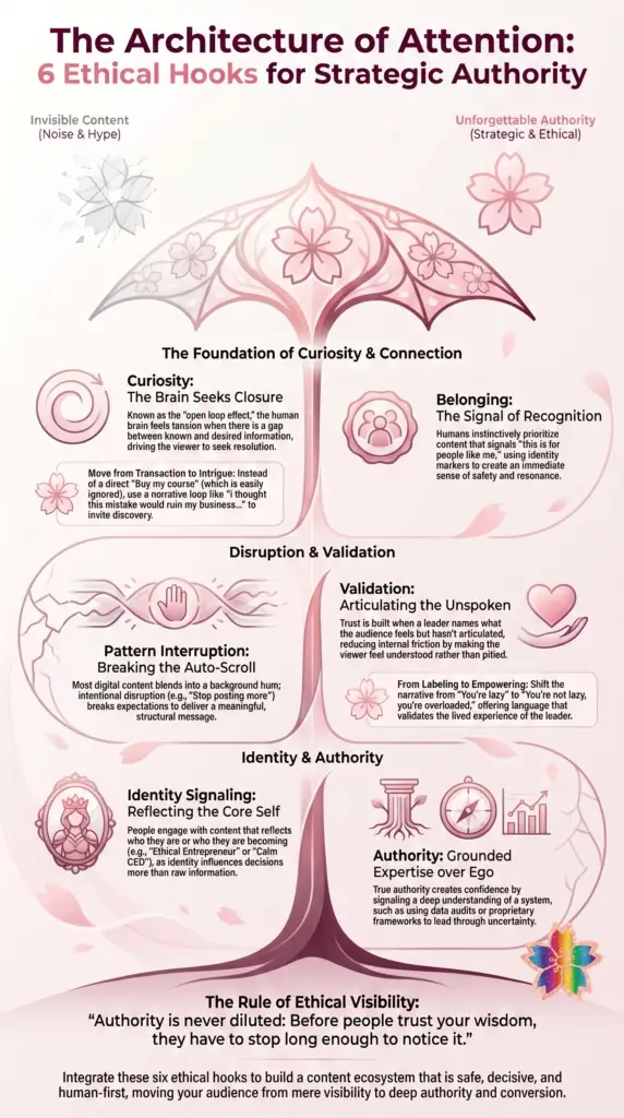 Pink cherry blossom umbrella infographic showing 6 strategic authority hooks for visibility, perception, and conversion through curiosity, belonging, and authority triggers. psychology of viral content