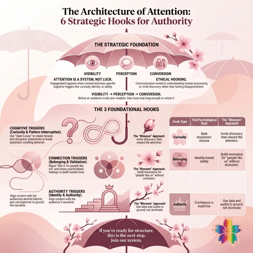 Cherry blossom themed infographic explaining 6 ethical psychological hooks for strategic authority including curiosity, belonging, pattern interruption, validation, identity signaling, and authority. psychology of viral content