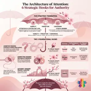 The Architecture of Attention: 6 Ethical Hooks for Strategic Authority Infographic - Blossom to Success - Blossom to Success Cherry blossom themed infographic explaining 6 ethical psychological hooks for strategic authority including curiosity, belonging, pattern interruption, validation, identity signaling, and authority. psychology of viral content
