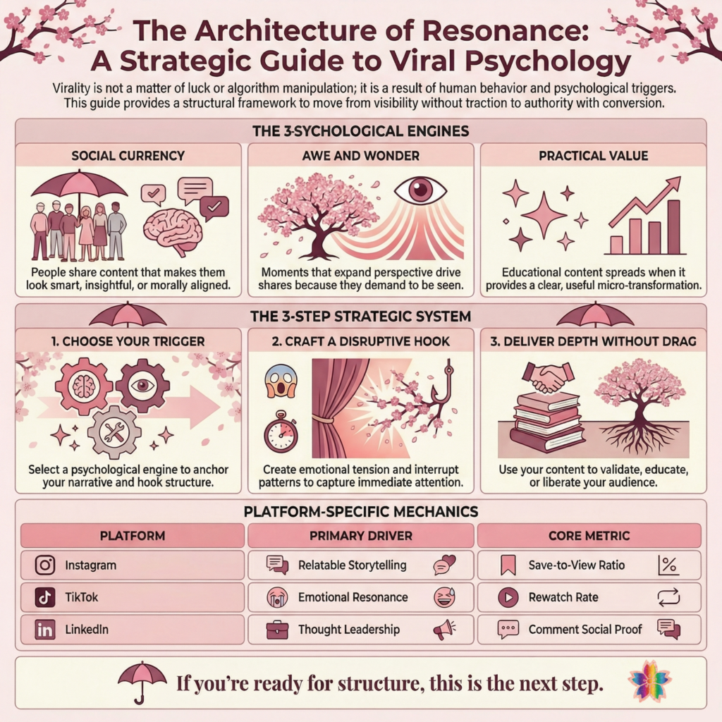 viral content psychology infographic showing social currency, awe and wonder, and practical value as key engagement triggers for social media growth