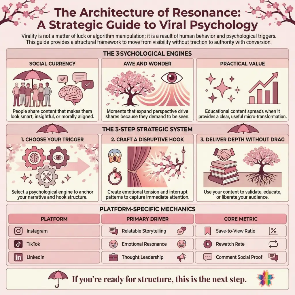 Viral content psychology infographic showing social currency, awe and wonder, and practical value as key engagement triggers for social media growth