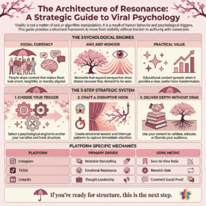 viral content psychology infographic showing social currency, awe and wonder, and practical value as key engagement triggers for social media growth