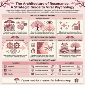 Viral content psychology infographic showing social currency, awe and wonder, and practical value as key engagement triggers for social media growth