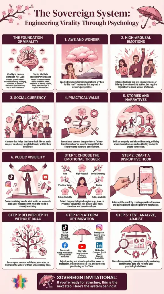 social media virality system infographic showing step by step process to engineer viral content using psychology, emotional triggers, and strategic content structure