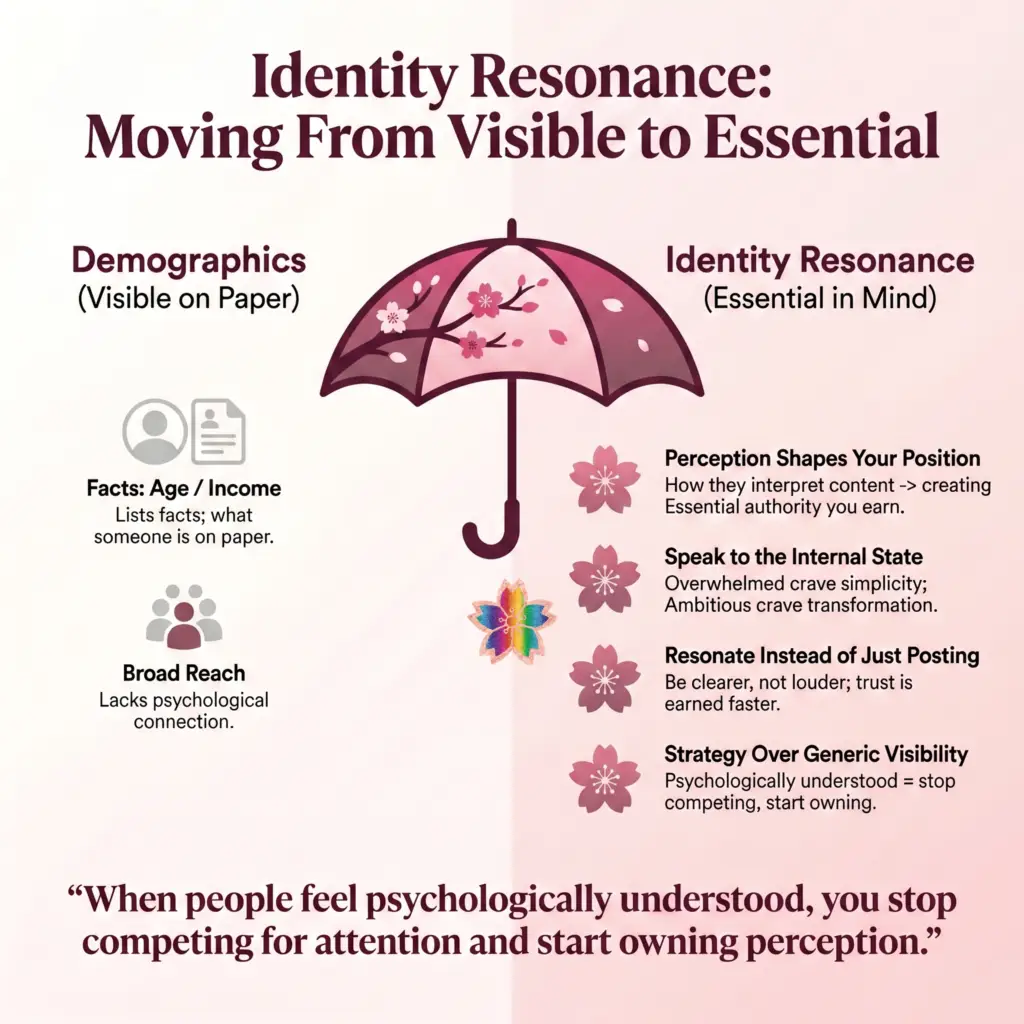 Infographic in soft pink, blush, and burgundy tones comparing demographics-based marketing to identity resonance. Features a cherry blossom umbrella at center, with the left side focused on age, income, and broad reach, and the right side explaining perception, psychological state, strategic authority, and resonant messaging. Bottom quote emphasizes moving from attention to perception ownership.
