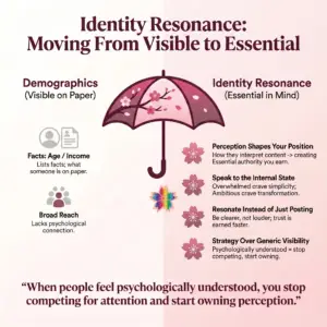 Identity Resonance: From Visibility to Essential Authority - Blossom to Success - Blossom to Success Infographic in soft pink, blush, and burgundy tones comparing demographics-based marketing to identity resonance. Features a cherry blossom umbrella at center, with the left side focused on age, income, and broad reach, and the right side explaining perception, psychological state, strategic authority, and resonant messaging. Bottom quote emphasizes moving from attention to perception ownership.