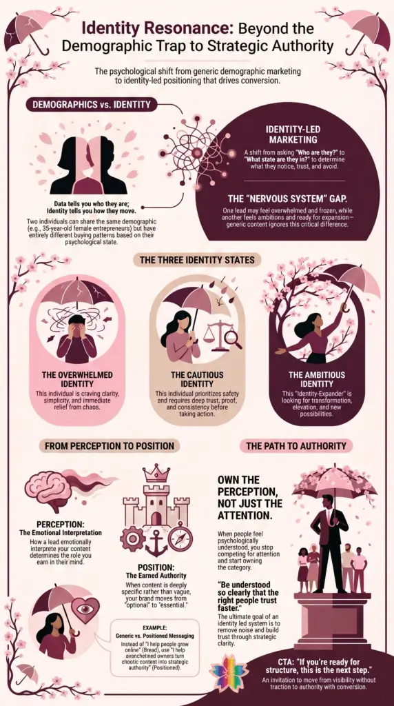 Detailed pink and burgundy infographic explaining identity-led marketing beyond demographics. Includes sections on demographic vs identity, the nervous system gap, three identity states (overwhelmed, cautious, ambitious), perception to position framework, and authority building. Decorated with cherry blossoms, umbrellas, and psychological marketing visuals.