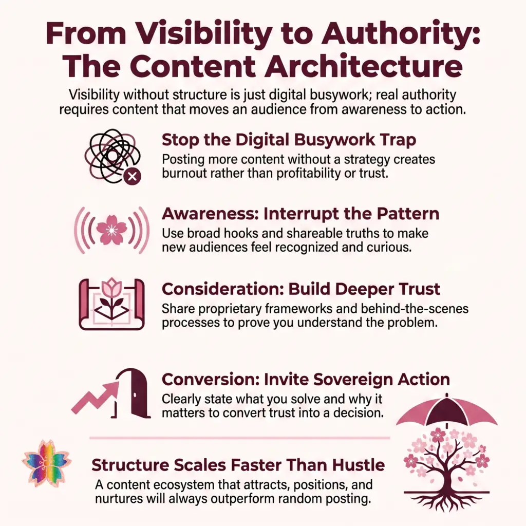 Infographic showing how structured content moves audiences from awareness to consideration to conversion, transforming visibility into authority.