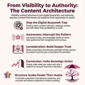 Infographic showing how structured content moves audiences from awareness to consideration to conversion, transforming visibility into authority.
