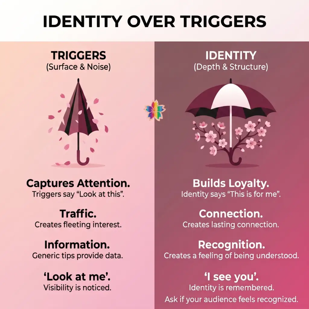 Identity Over Triggers graphic comparing trigger-based content focused on attention and traffic with identity-based content focused on loyalty, recognition, and connection.