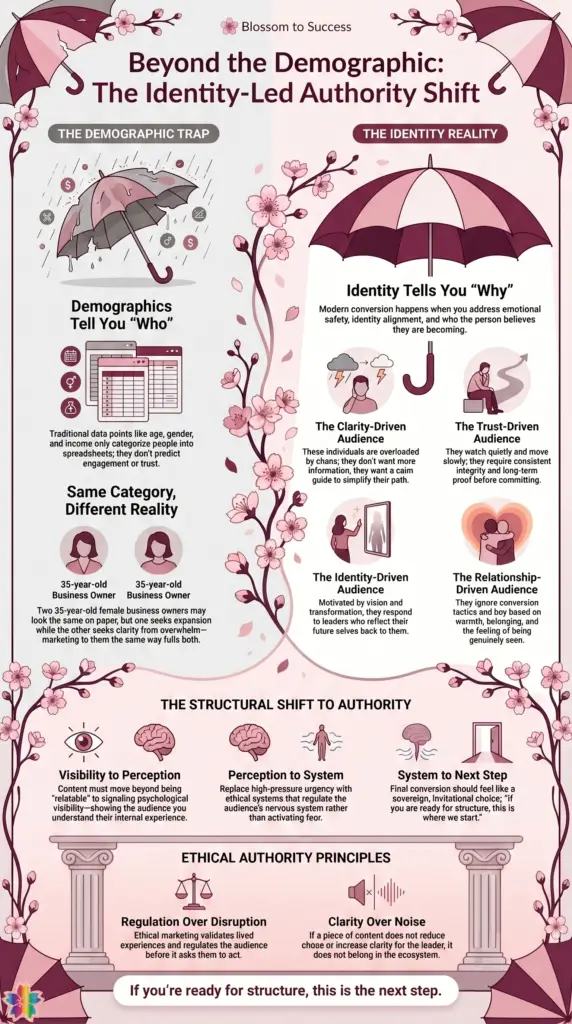 Identity-led marketing infographic showing the shift from traditional demographics to audience archetypes including clarity-driven, trust-driven, identity-driven, and relationship-driven consumers.