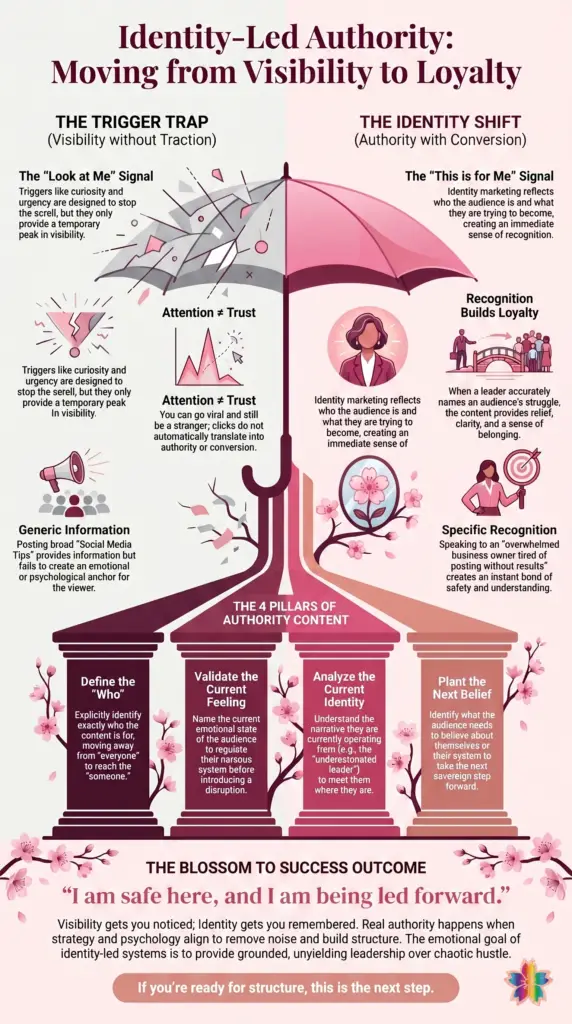 Identity-Led Authority infographic showing the difference between trigger-based visibility and identity-based marketing, explaining how identity builds trust, loyalty, recognition, and long-term authority.
