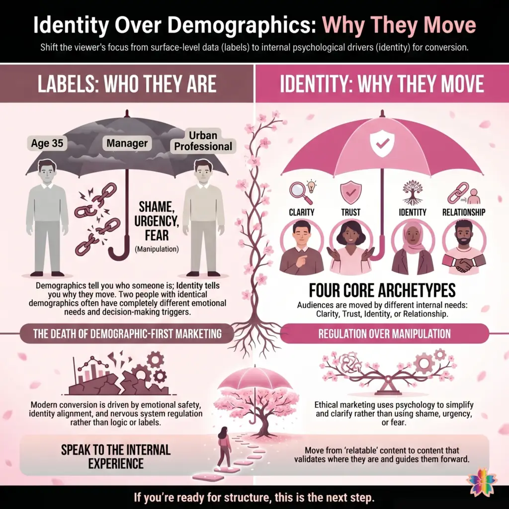 Marketing psychology infographic comparing demographic labels with identity-driven audience behavior through clarity, trust, identity, and relationship archetypes. Its about Identity-led Marketing