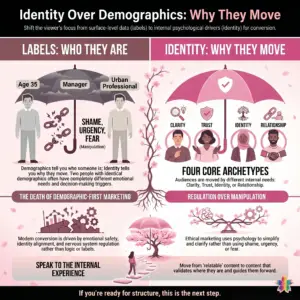 Marketing psychology infographic comparing demographic labels with identity-driven audience behavior through clarity, trust, identity, and relationship archetypes. Its about Identity-led Marketing