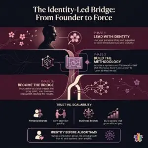 Visual framework showing how founders evolve from personal visibility to scalable authority through identity, methodology, and business systems that create trust and long-term growth. Should a solopreneur build a personal brand or a business brand