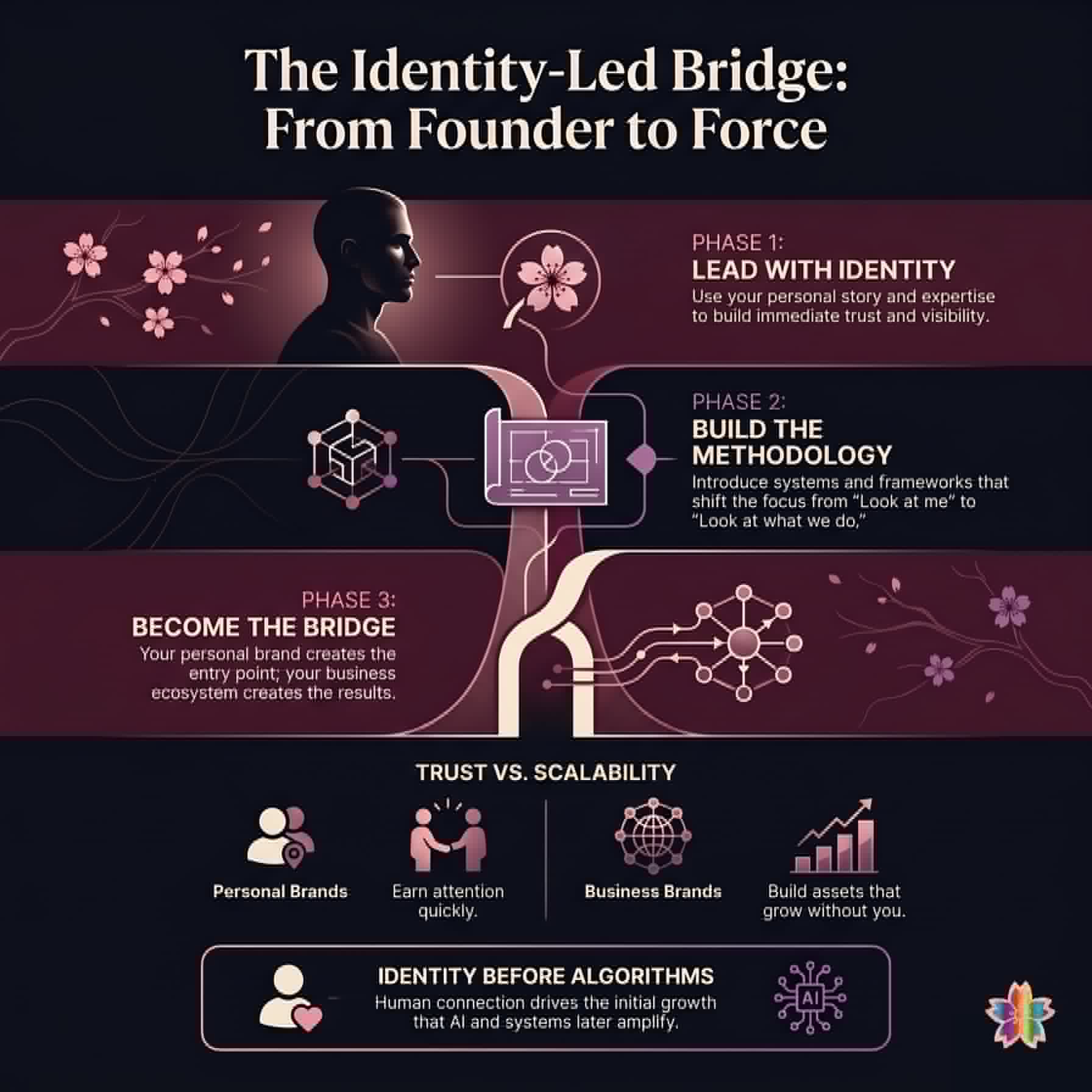 Visual framework showing how founders evolve from personal visibility to scalable authority through identity, methodology, and business systems that create trust and long-term growth. should a solopreneur build a personal brand or a business brand