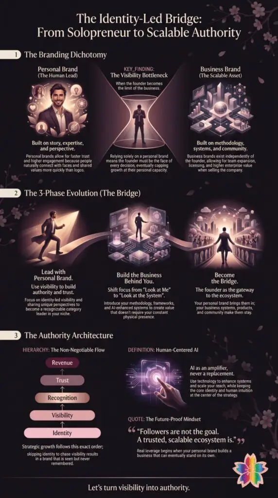 Infographic showing the difference between personal brands and business brands, the visibility bottleneck founders experience, and a three-phase process for scaling from personal visibility to a sustainable business ecosystem. Should a solopreneur build a personal brand or a business brand