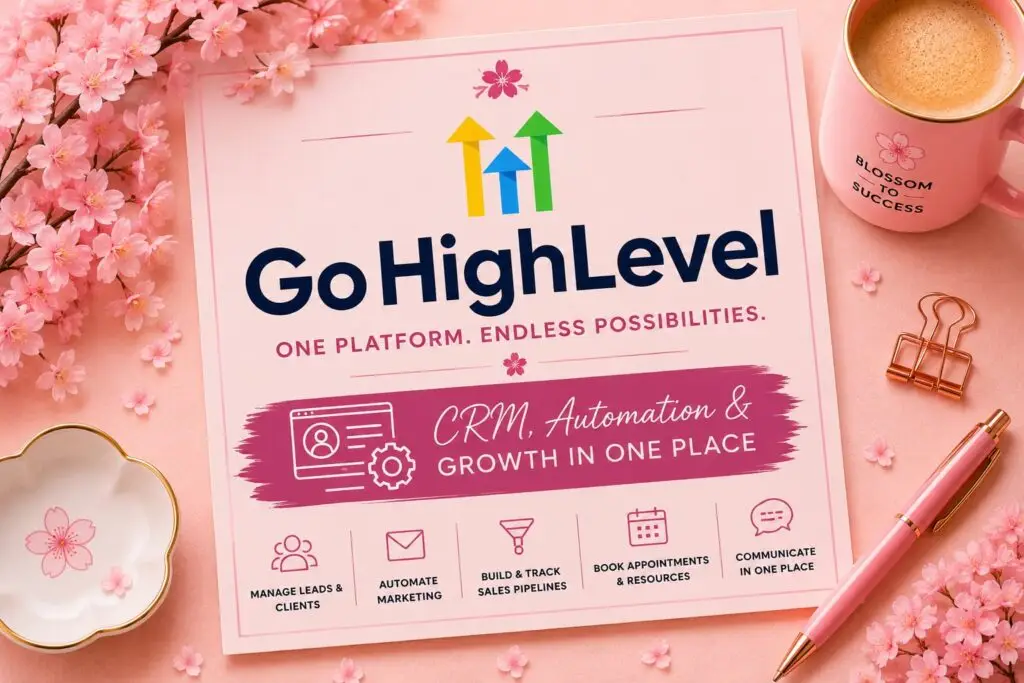 Gohighlevel promotional poster on a pink desk with blossoms and a crm/automation banner reading "crm, automation & growth in one place. "