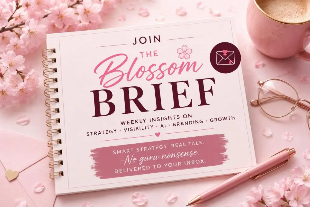Newsletter signup for the blossom brief featuring visibility strategy, ai, branding, authority building, and business growth.