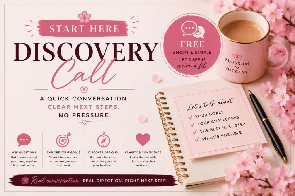Free discovery call to explore working with karen hewitt and blossom to success.