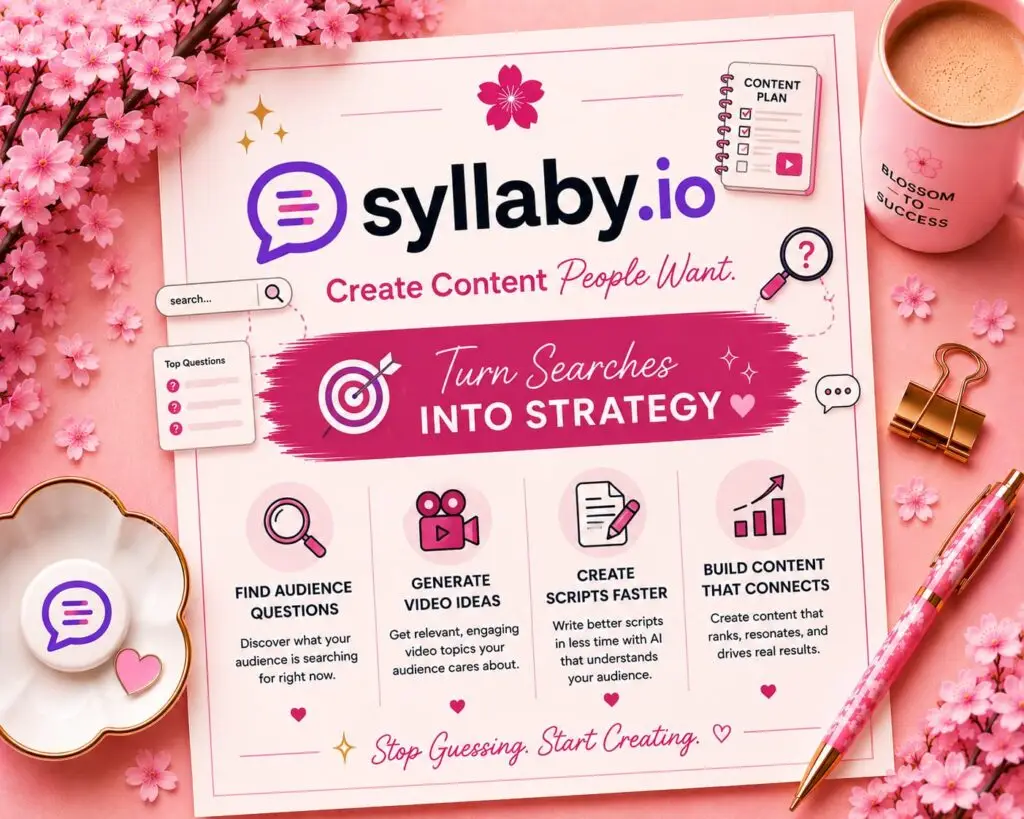 Syllaby. Io ai content planning tool for generating video ideas, content strategies, scripts, and social media content based on audience searches.